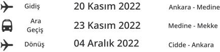 Gidi Ankara - Medine  Ara  Gei Medine - Mekke   Dn Cidde - Ankara 20 Kasm 2022 23 Kasm 2022 04 Aralk 2022